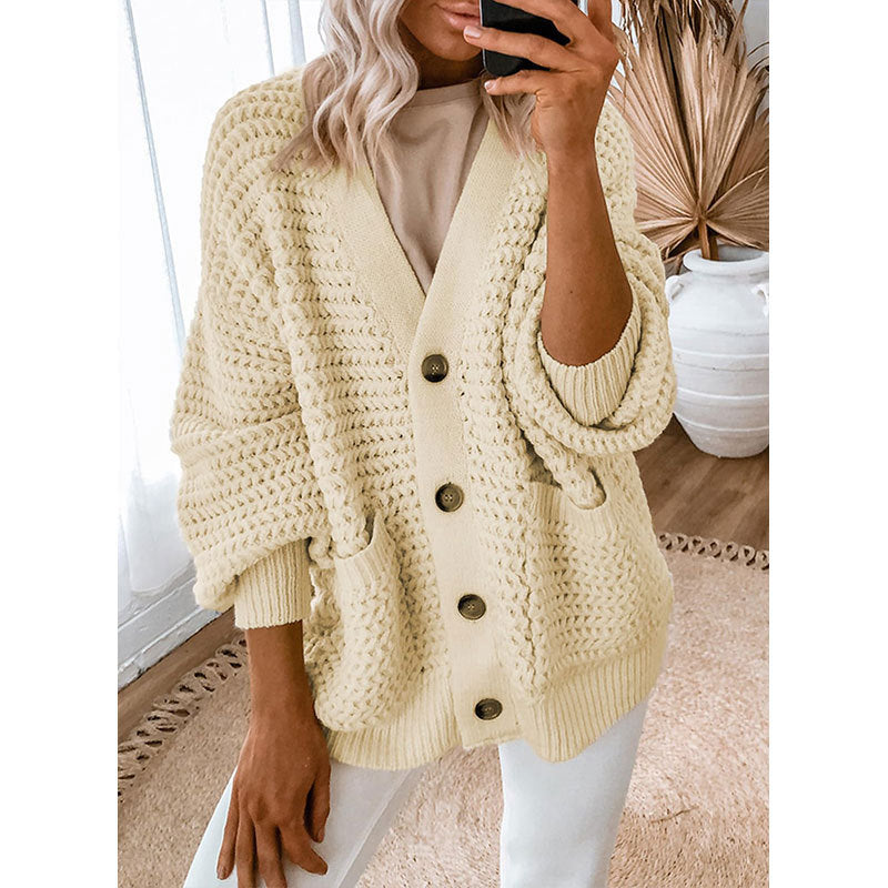 Chunky Waffle Knit Button Front Cardigan - Apricot