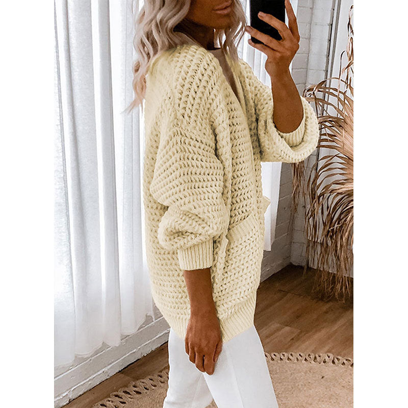 Chunky Waffle Knit Button Front Cardigan - Apricot - 1