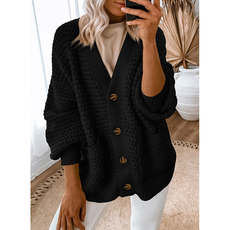 Chunky Waffle Knit Button Front Cardigan - Black