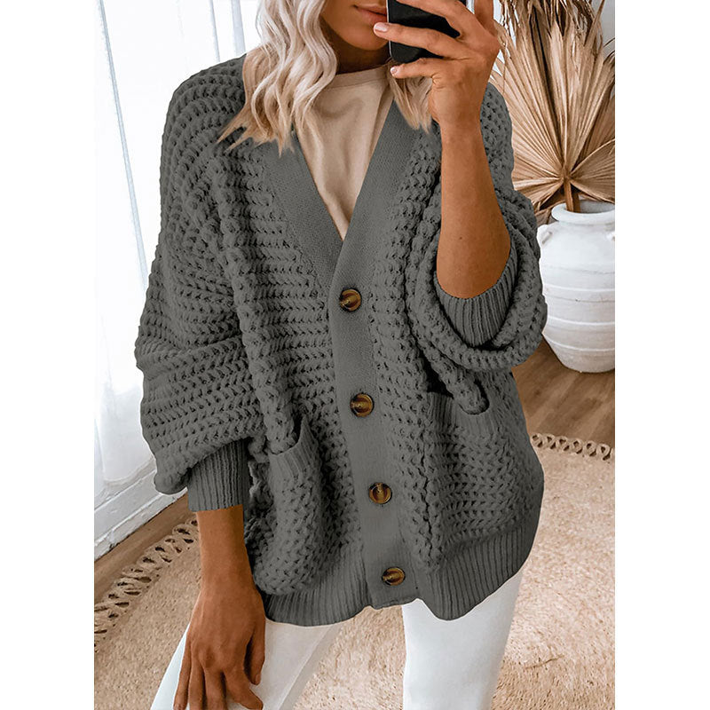 Chunky Waffle Knit Button Front Cardigan - Grey