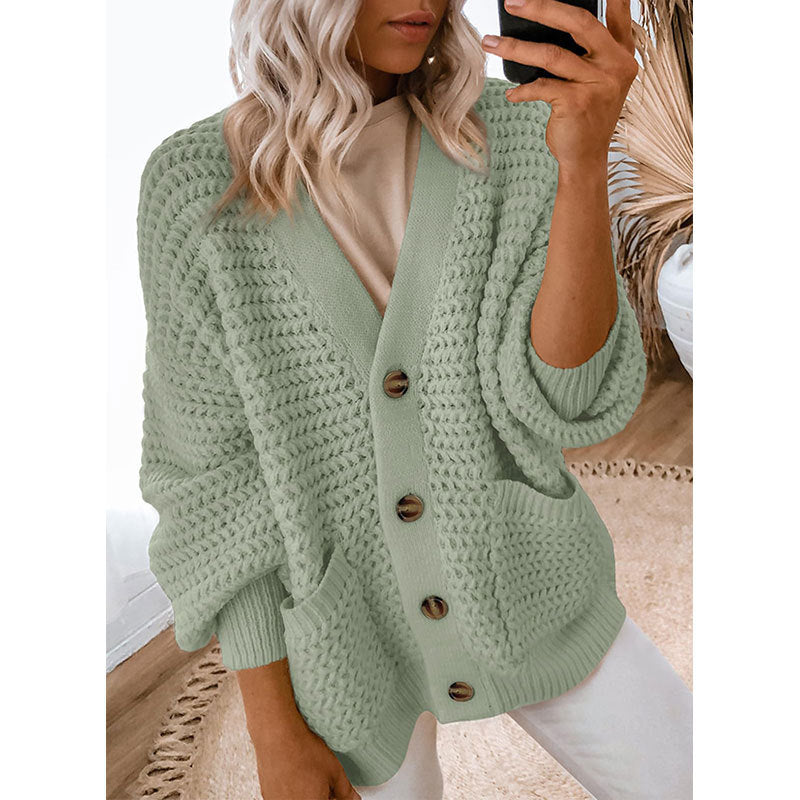 Chunky Waffle Knit Button Front Cardigan - Matcha