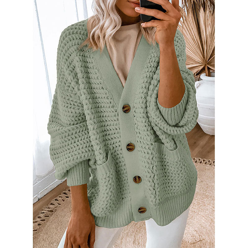 Chunky Waffle Knit Button Front Cardigan - Matcha - 1