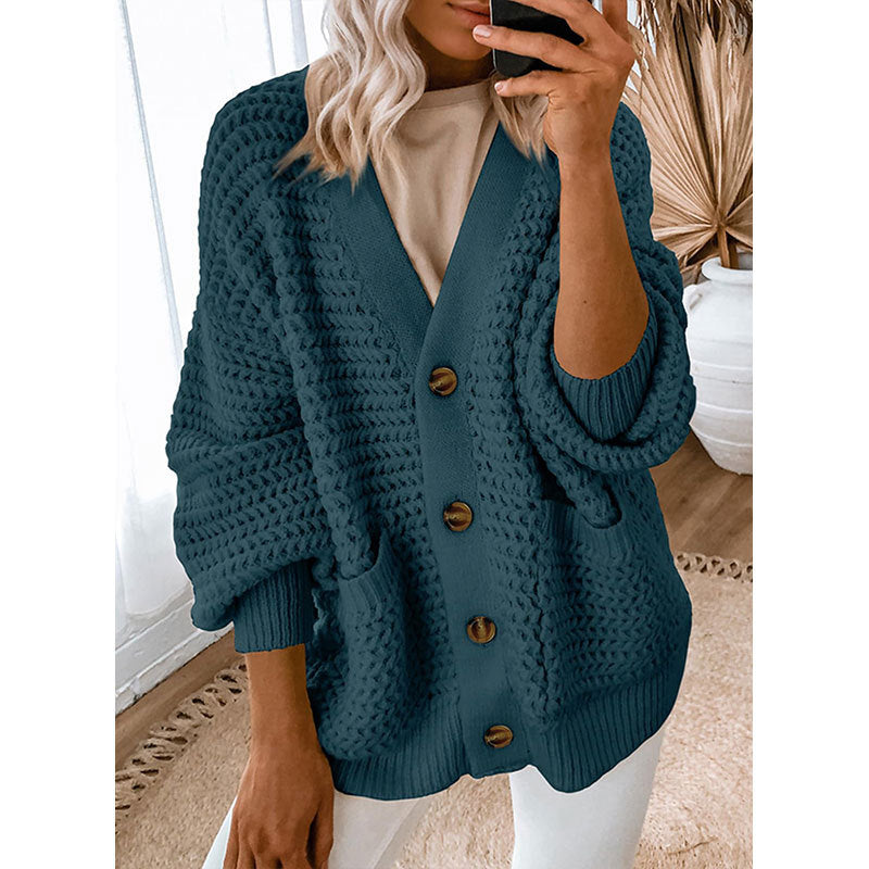Chunky Waffle Knit Button Front Cardigan - Teal