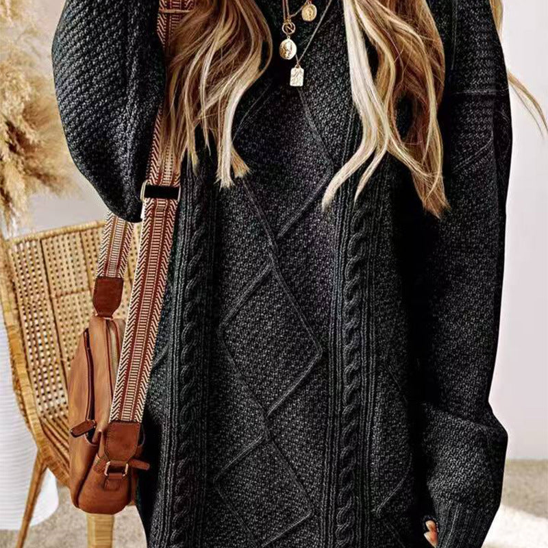 Cable Knit Relaxed Mini Sweater Dress - Black