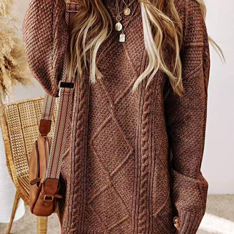 Cable Knit Relaxed Mini Sweater Dress - Brown