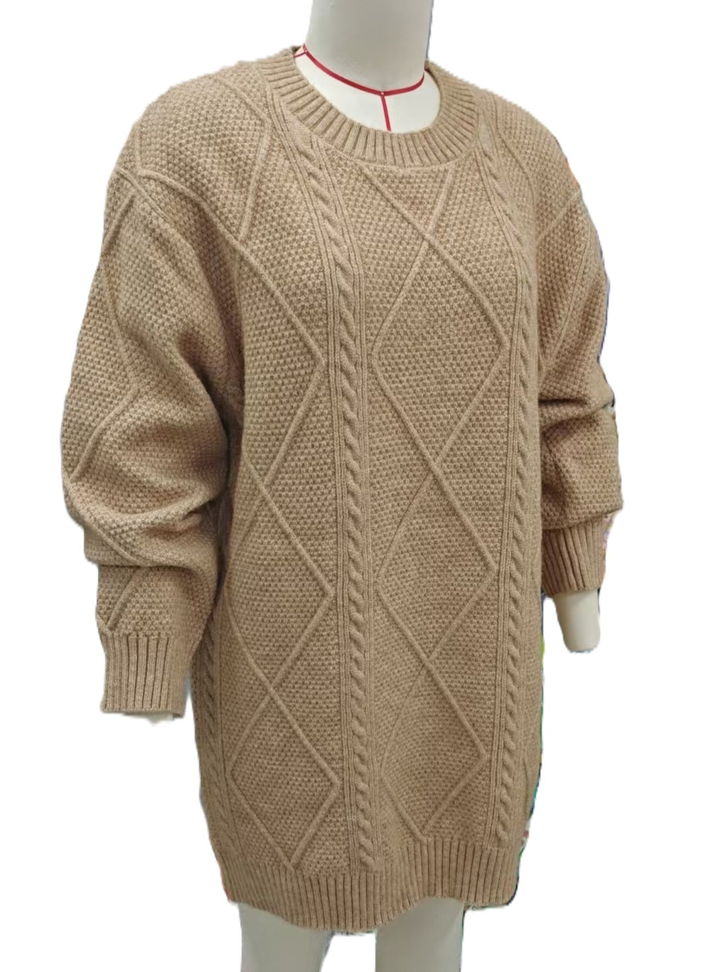 Cable Knit Relaxed Mini Sweater Dress - Camel