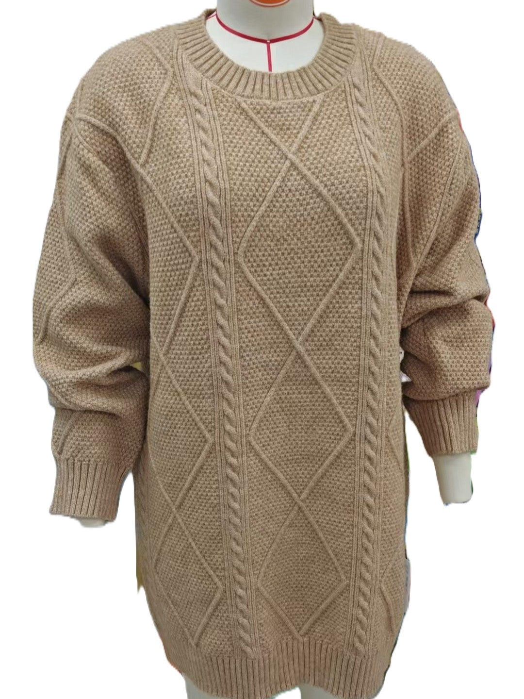 Cable Knit Relaxed Mini Sweater Dress - Camel - 1