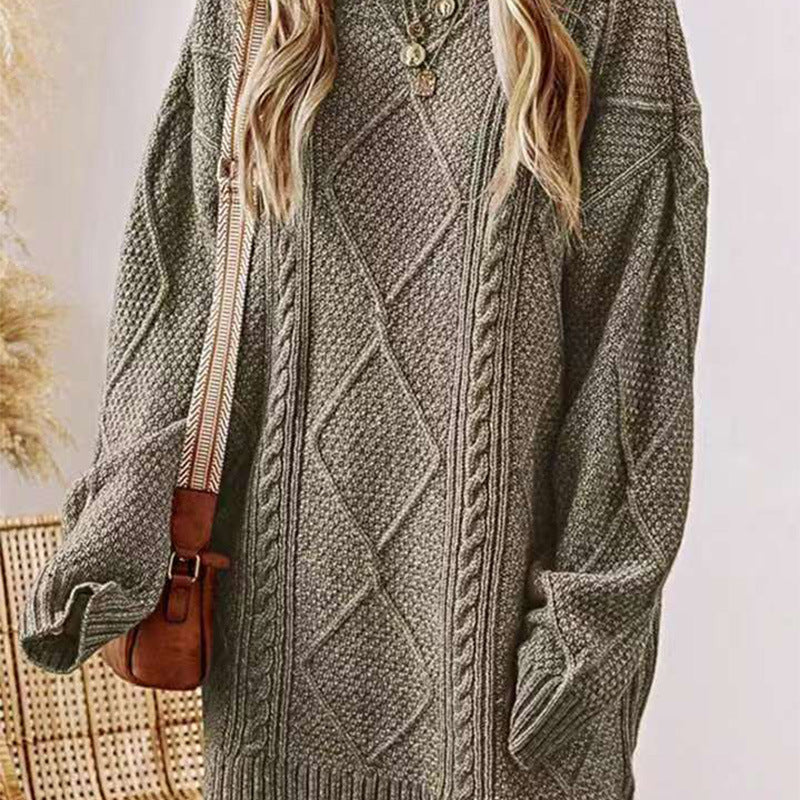 Cable Knit Relaxed Mini Sweater Dress - Khaki