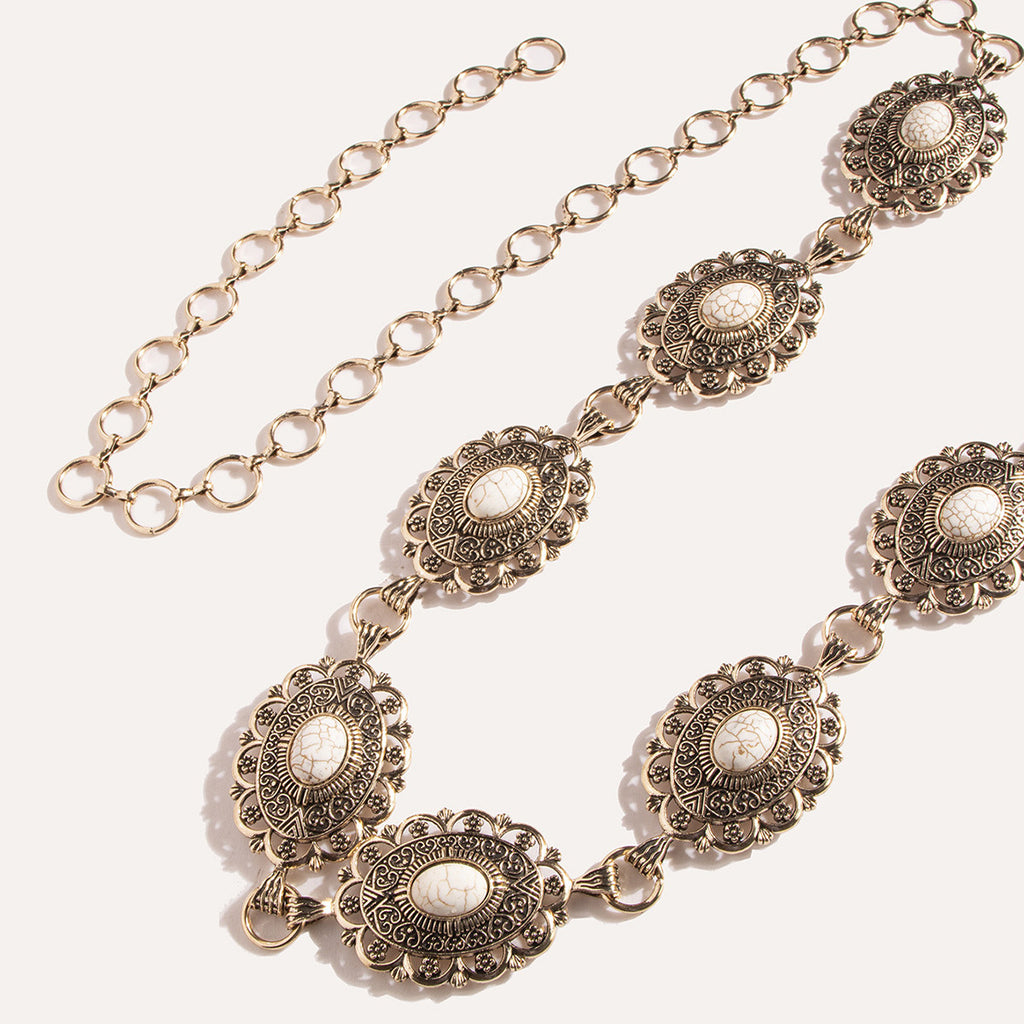 Engraved Concho Turquoise Waist Chain - Gold