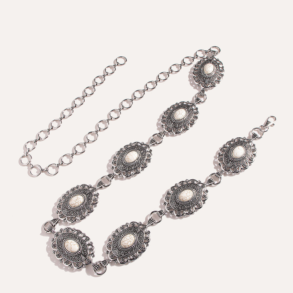 Engraved Concho Turquoise Waist Chain - Silvery