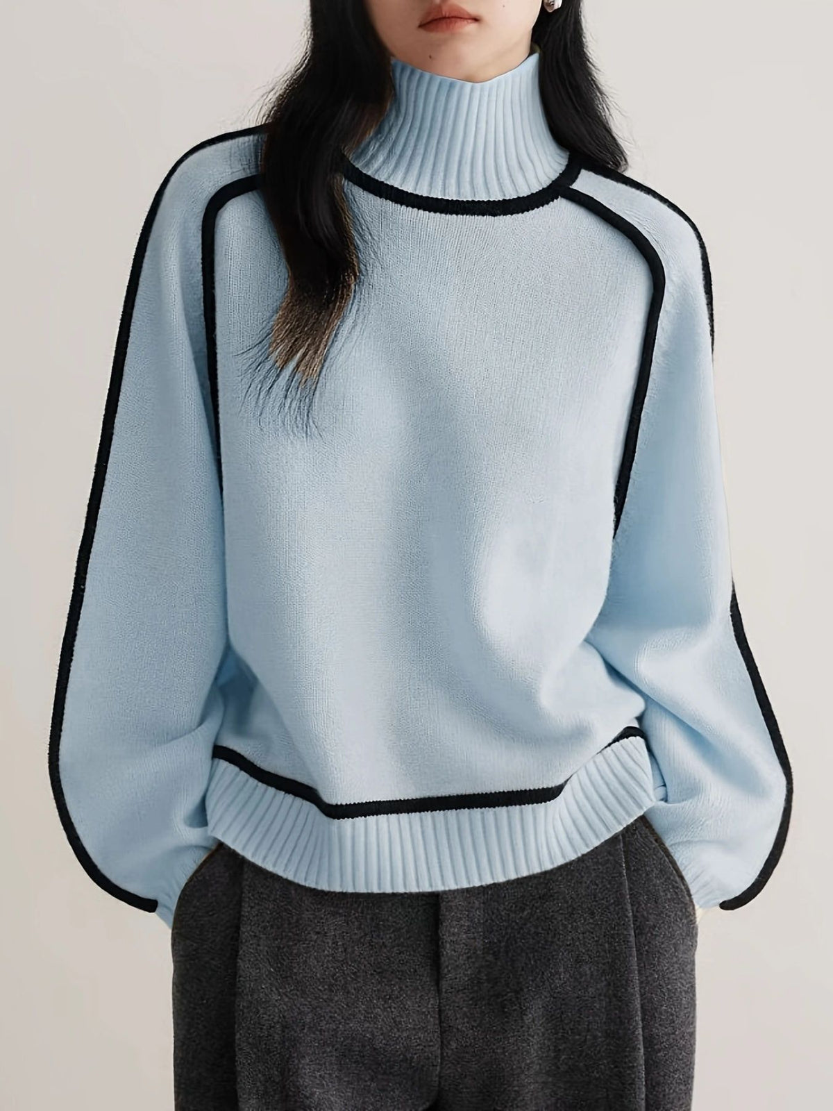 Contrast Piping Mock Neck Pullover Sweater - Blue