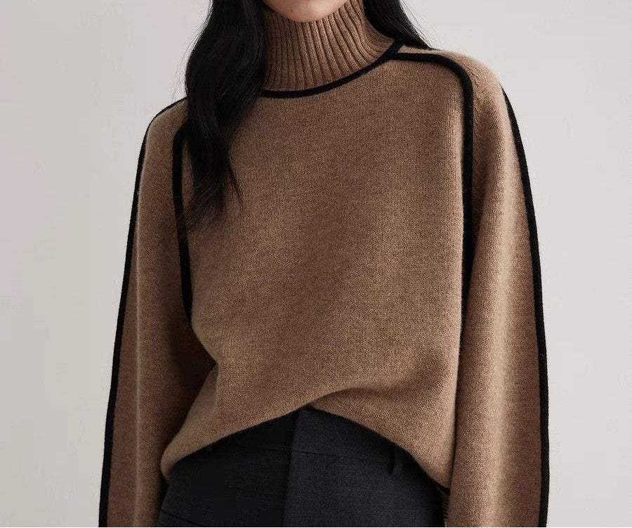 Contrast Piping Mock Neck Pullover Sweater - Brown