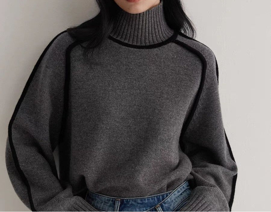 Contrast Piping Mock Neck Pullover Sweater - DarkGray