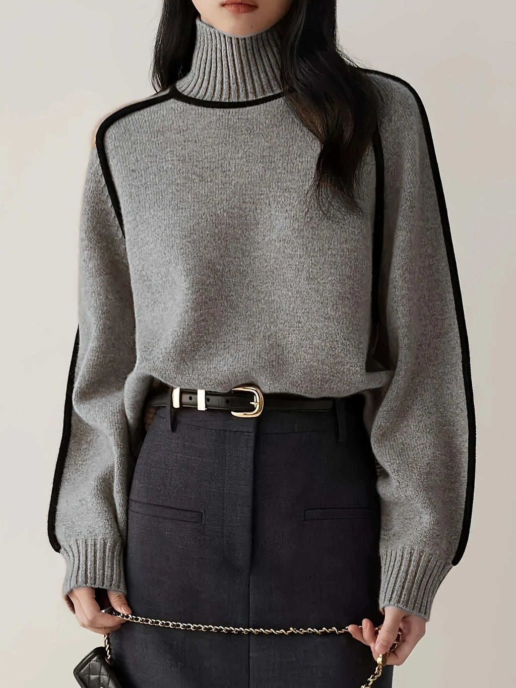 Contrast Piping Mock Neck Pullover Sweater - Gray