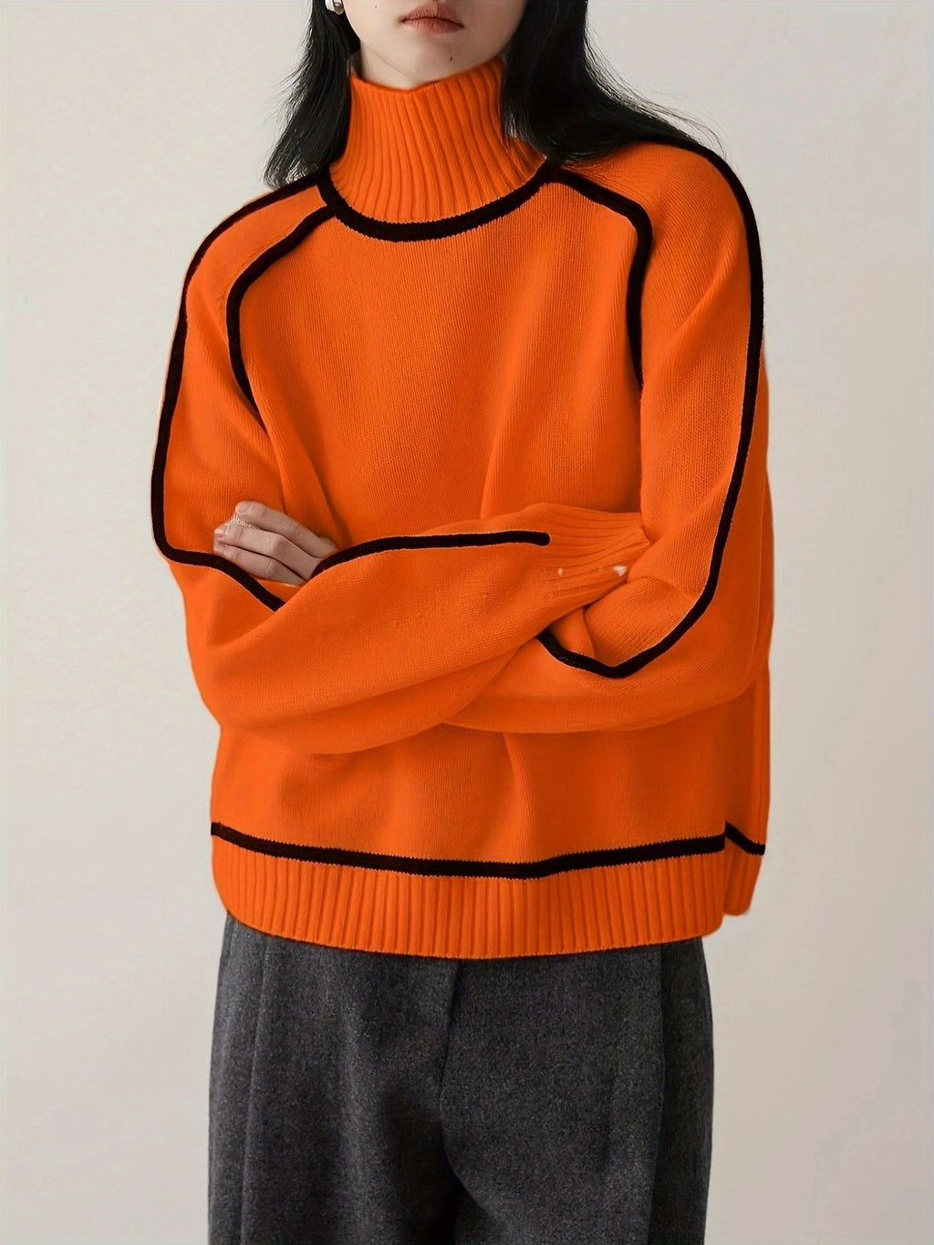 Contrast Piping Mock Neck Pullover Sweater - Orange