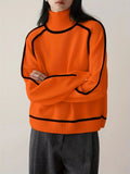 Contrast Piping Mock Neck Pullover Sweater - Orange