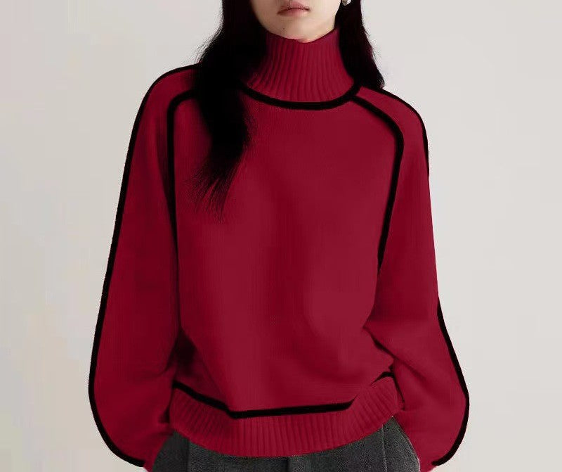 Contrast Piping Mock Neck Pullover Sweater - Red