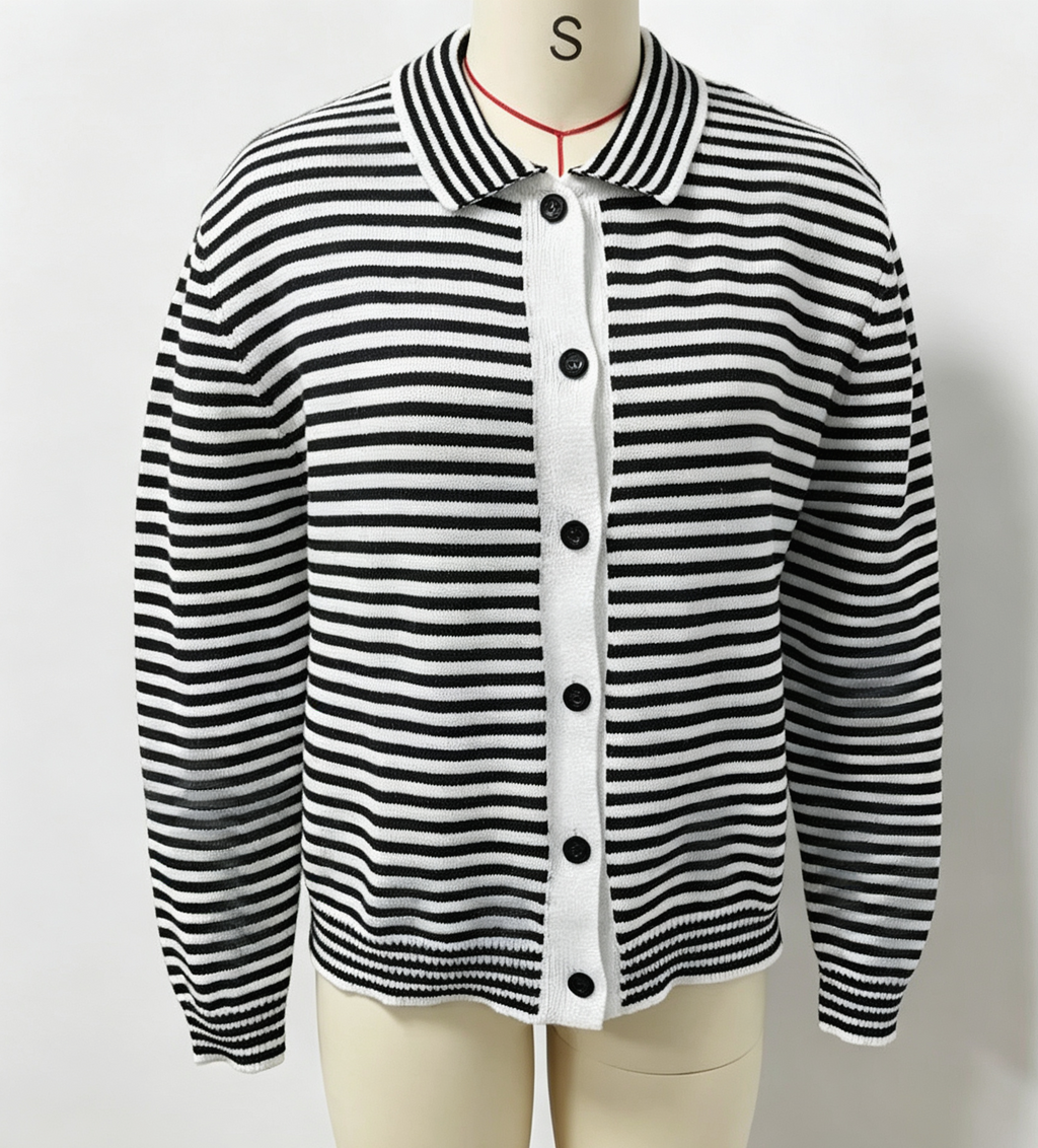 Button Front Striped Collared Knit Cardigan - Black