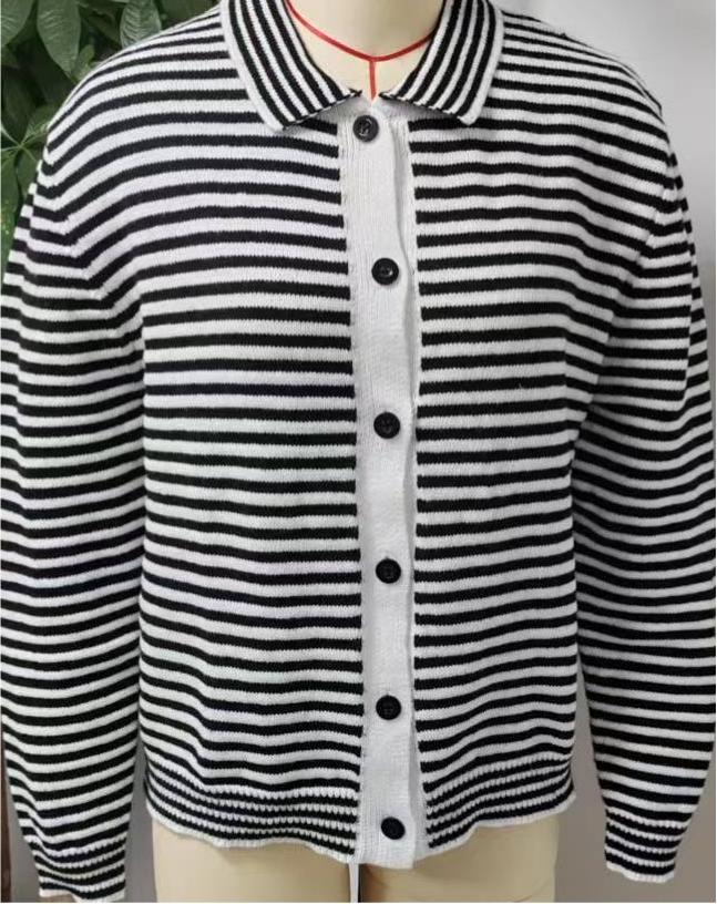 Button Front Striped Collared Knit Cardigan - Black - 1