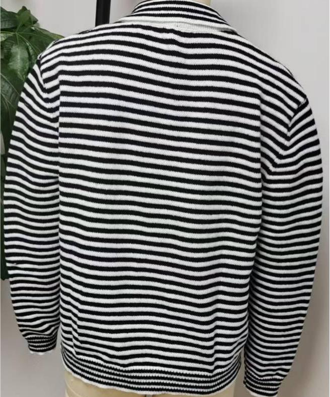Button Front Striped Collared Knit Cardigan - Black - 3
