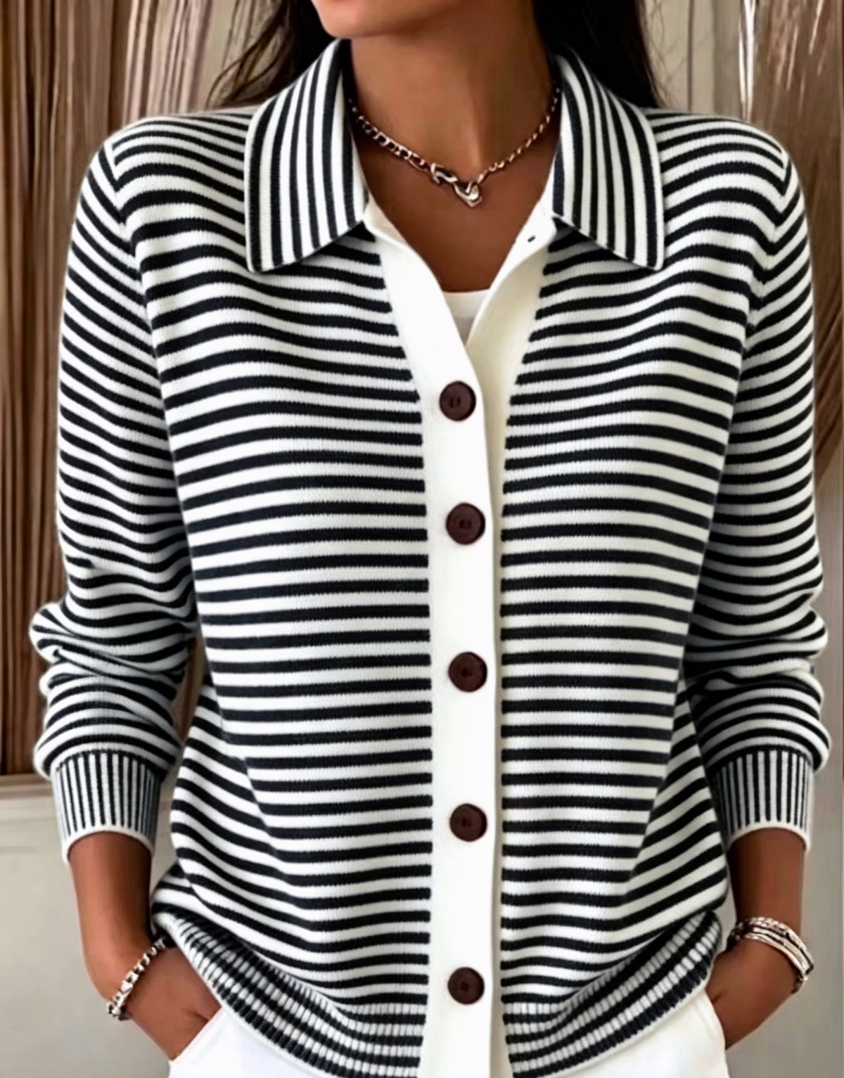 Button Front Striped Collared Knit Cardigan - Black - 4