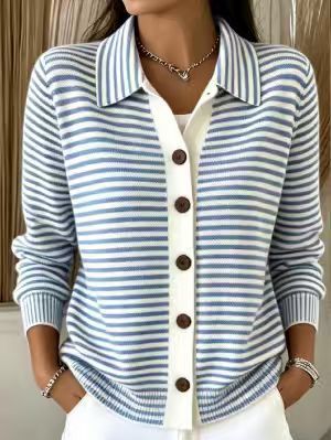 Button Front Striped Collared Knit Cardigan - Blue