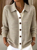 Button Front Striped Collared Knit Cardigan - Brown