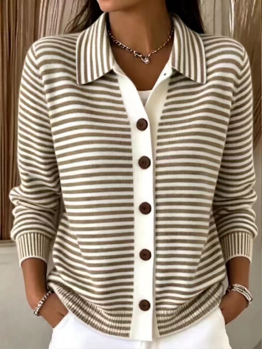 Button Front Striped Collared Knit Cardigan - Brown