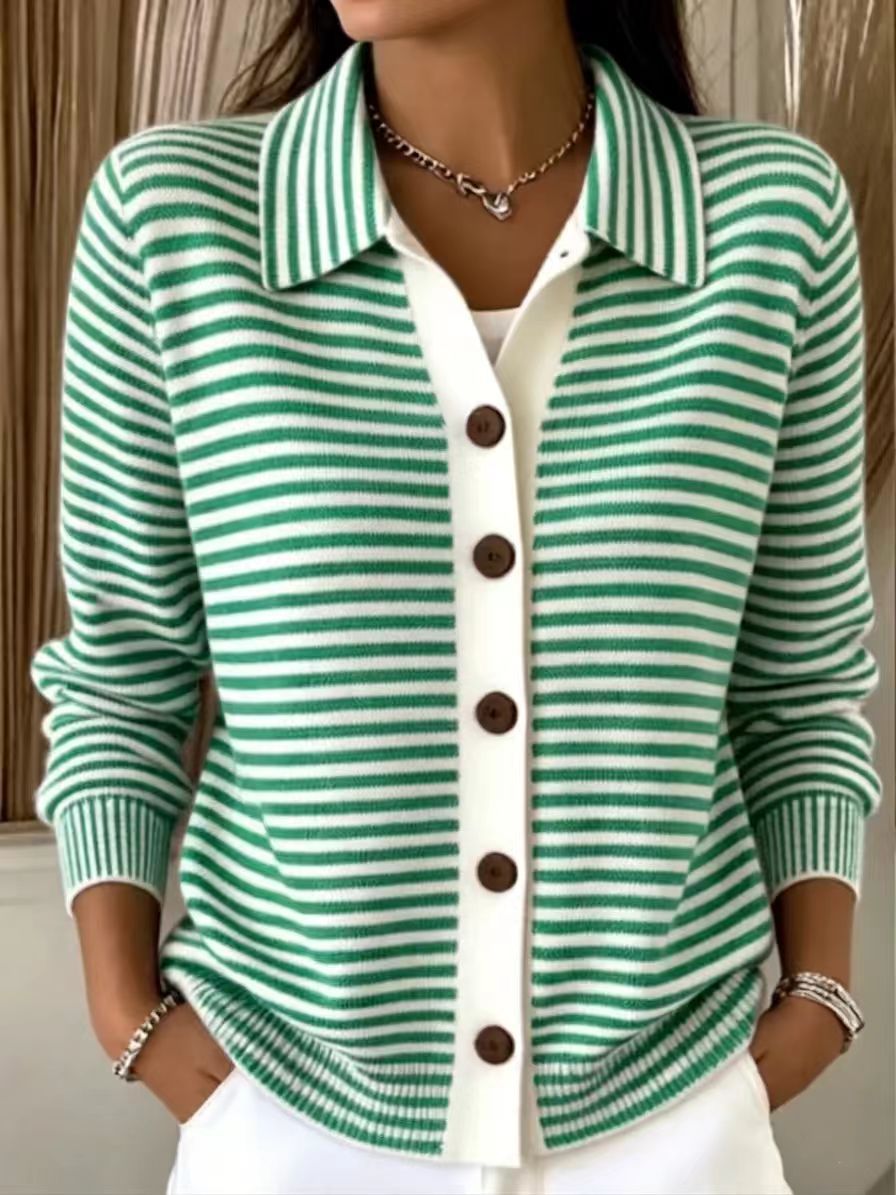 Button Front Striped Collared Knit Cardigan - Green