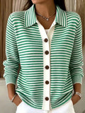 Button Front Striped Collared Knit Cardigan - Green