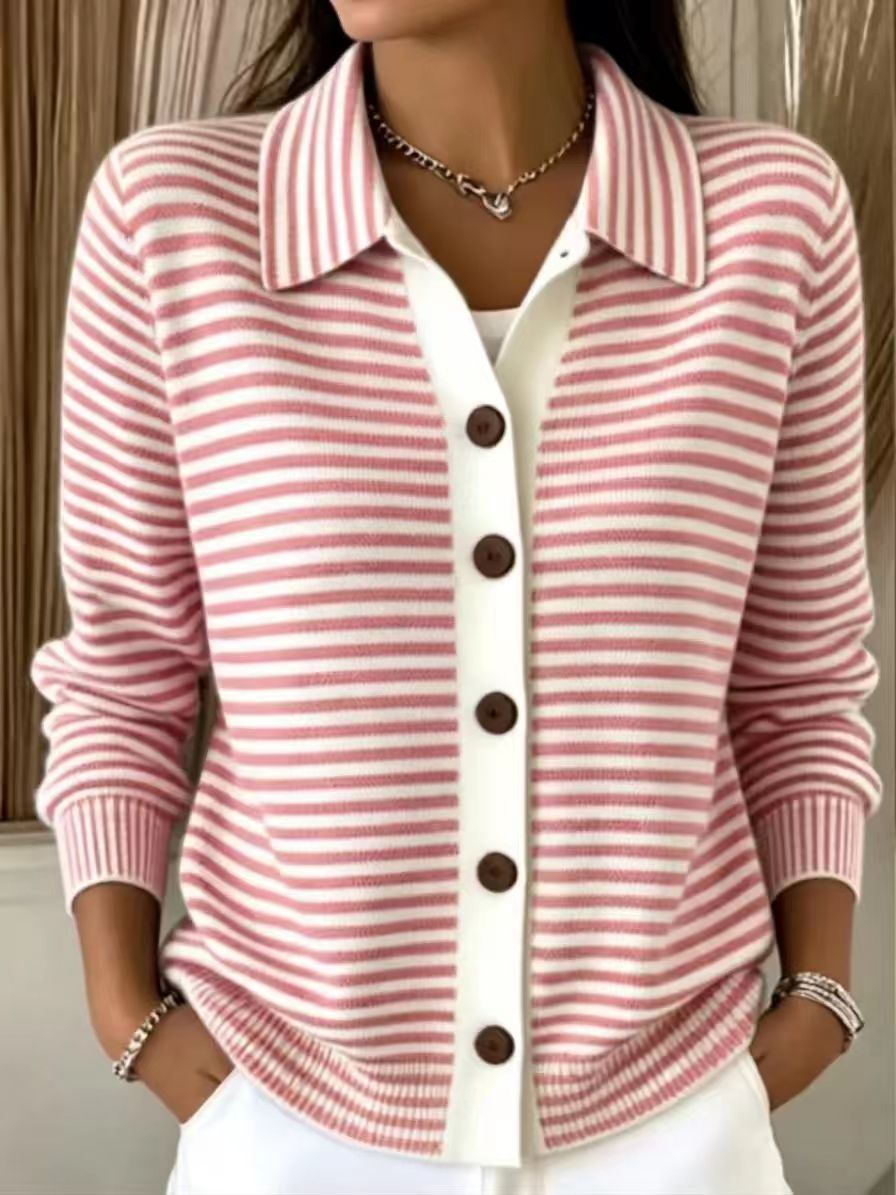 Button Front Striped Collared Knit Cardigan - Pink