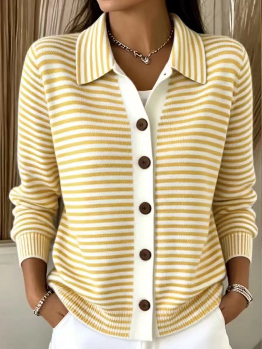 Button Front Striped Collared Knit Cardigan - Yellow