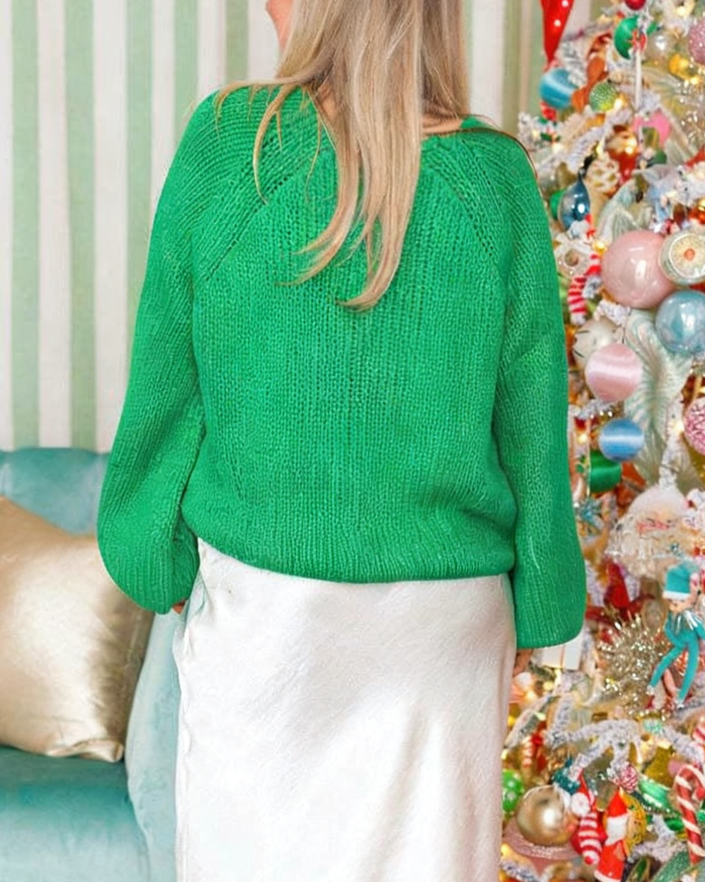 Chunky Ribbed Balloon Sleeve Knit Cardigan - Green - 1