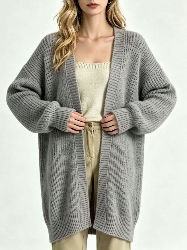 Oversized Ribbed Knit Open Front Longline Cardigan - Grey