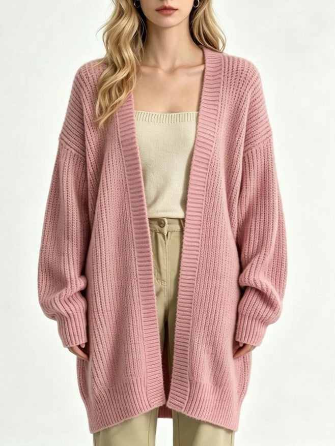 Oversized Ribbed Knit Open Front Longline Cardigan - Pink