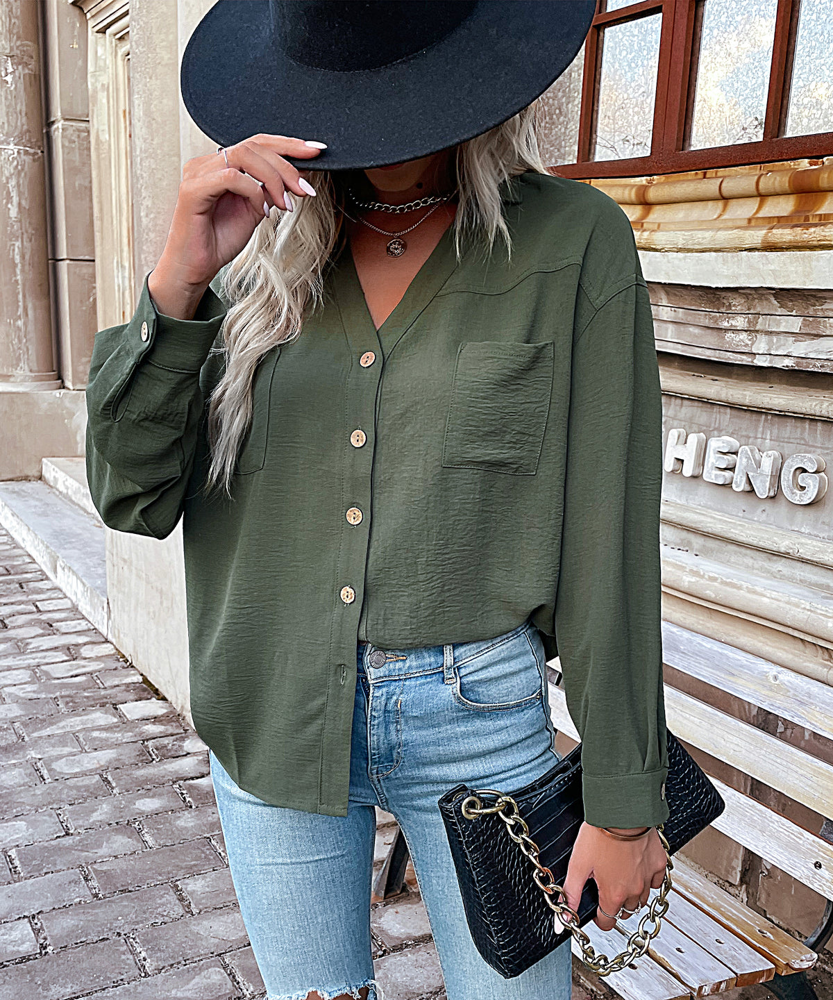 Patch Pocket V Neck Long Sleeve Shirt - Olive