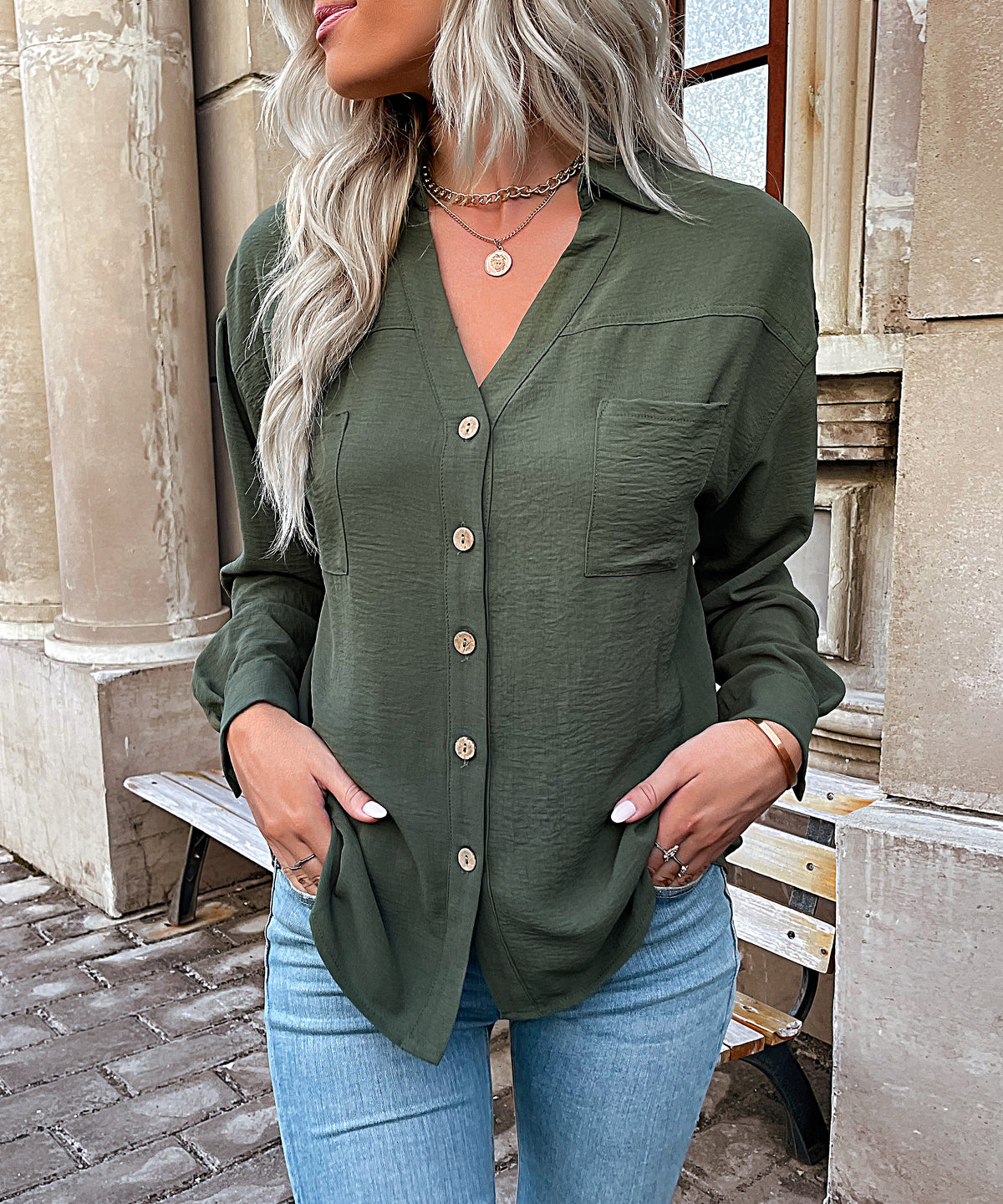 Patch Pocket V Neck Long Sleeve Shirt - view 1