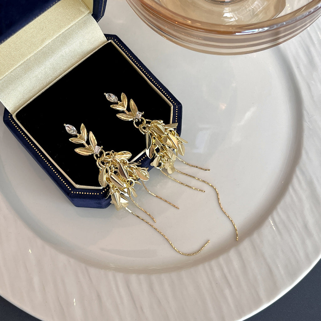 Wheat Leaf Chain Tassel Drop Earrings - Gold