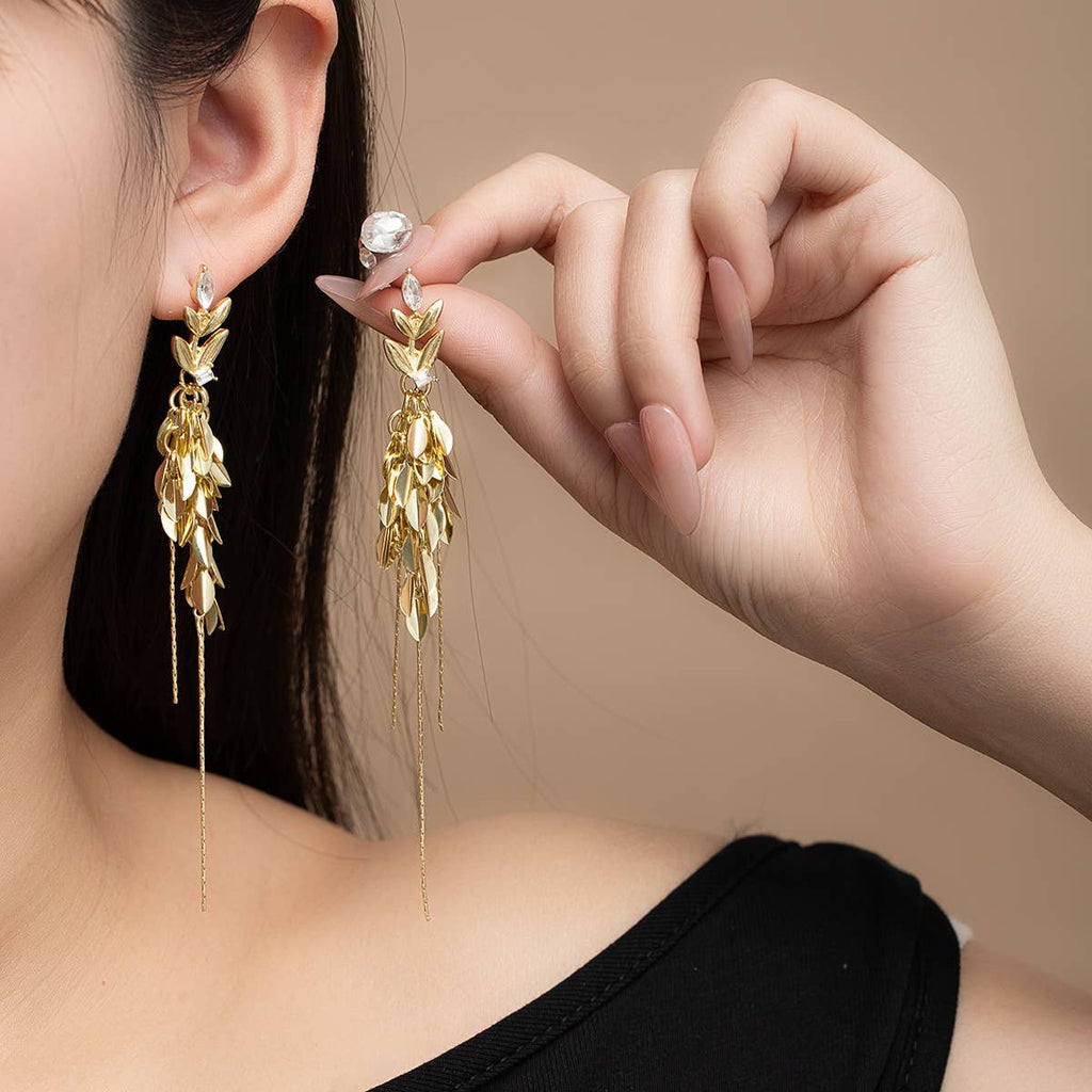 Wheat Leaf Chain Tassel Drop Earrings