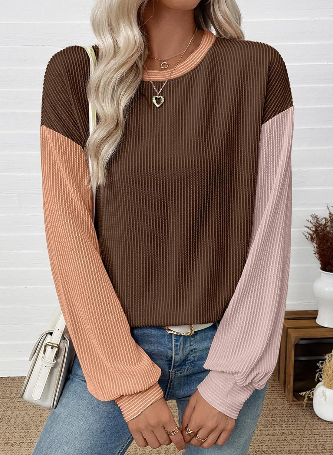 Contrast Sleeve Waffle Rib Long Sleeve Tee - Coffee