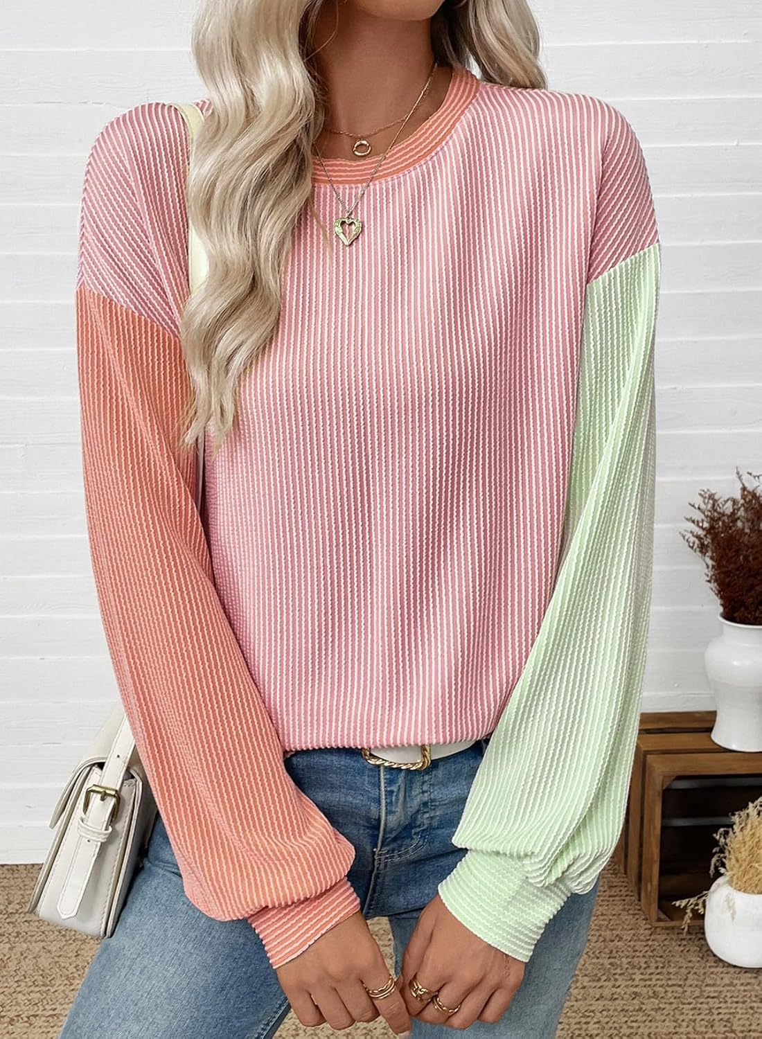 Contrast Sleeve Waffle Rib Long Sleeve Tee - Coral