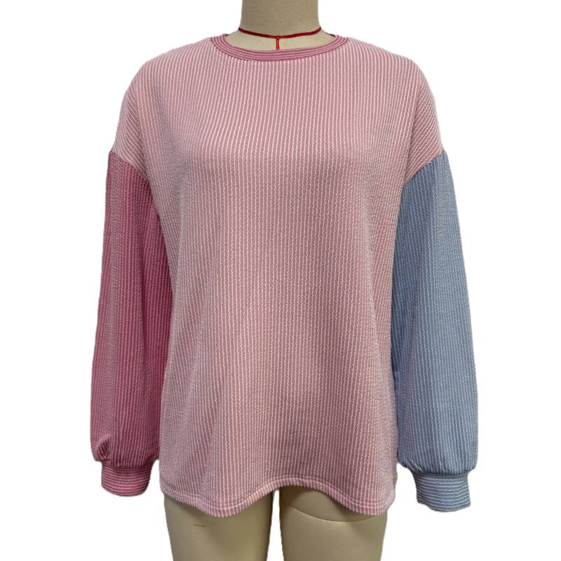 Contrast Sleeve Waffle Rib Long Sleeve Tee - Pink
