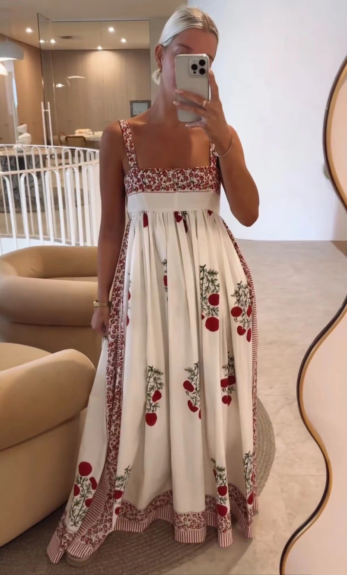 Floral Embroidered Square Neck Maxi Dress - Red