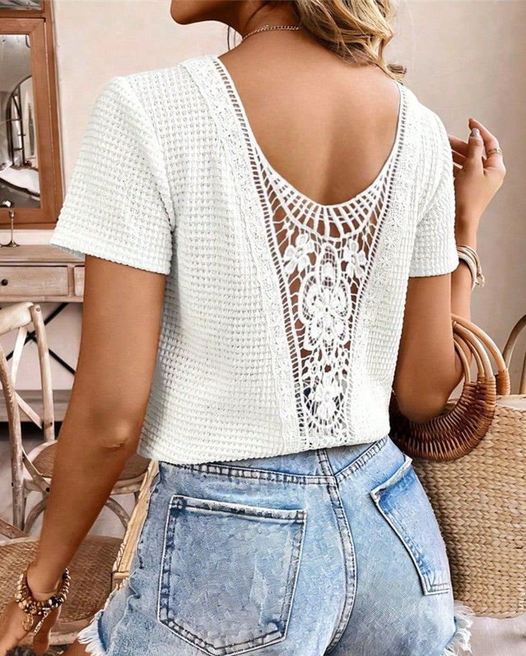 Waffle Knit V Neck Tee With Crochet Back - Apricot