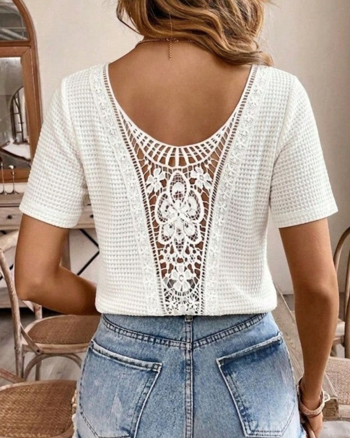 Waffle Knit V Neck Tee With Crochet Back - Apricot - 3