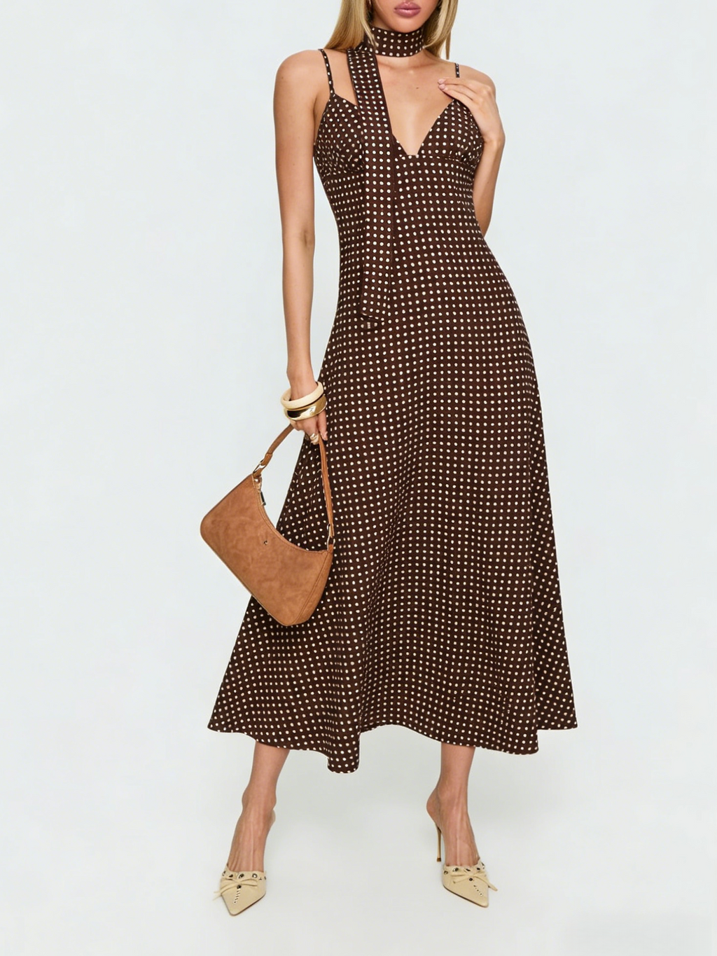 Polka Dot Backless Maxi Dress With Neck Scarf - coffee