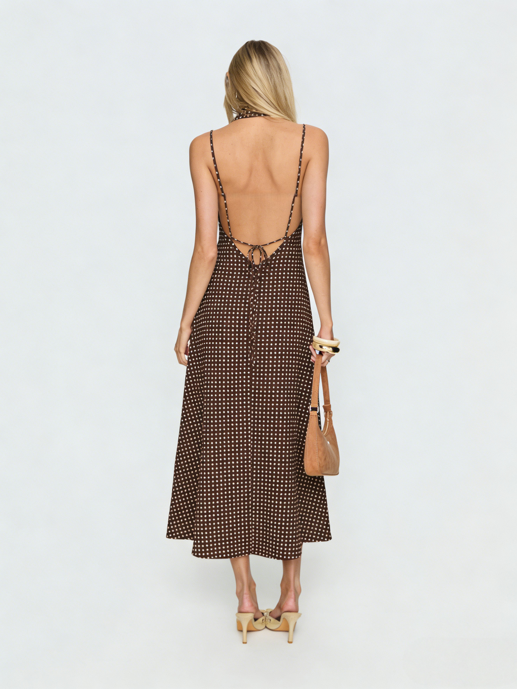 Polka Dot Backless Maxi Dress With Neck Scarf - coffee - 5