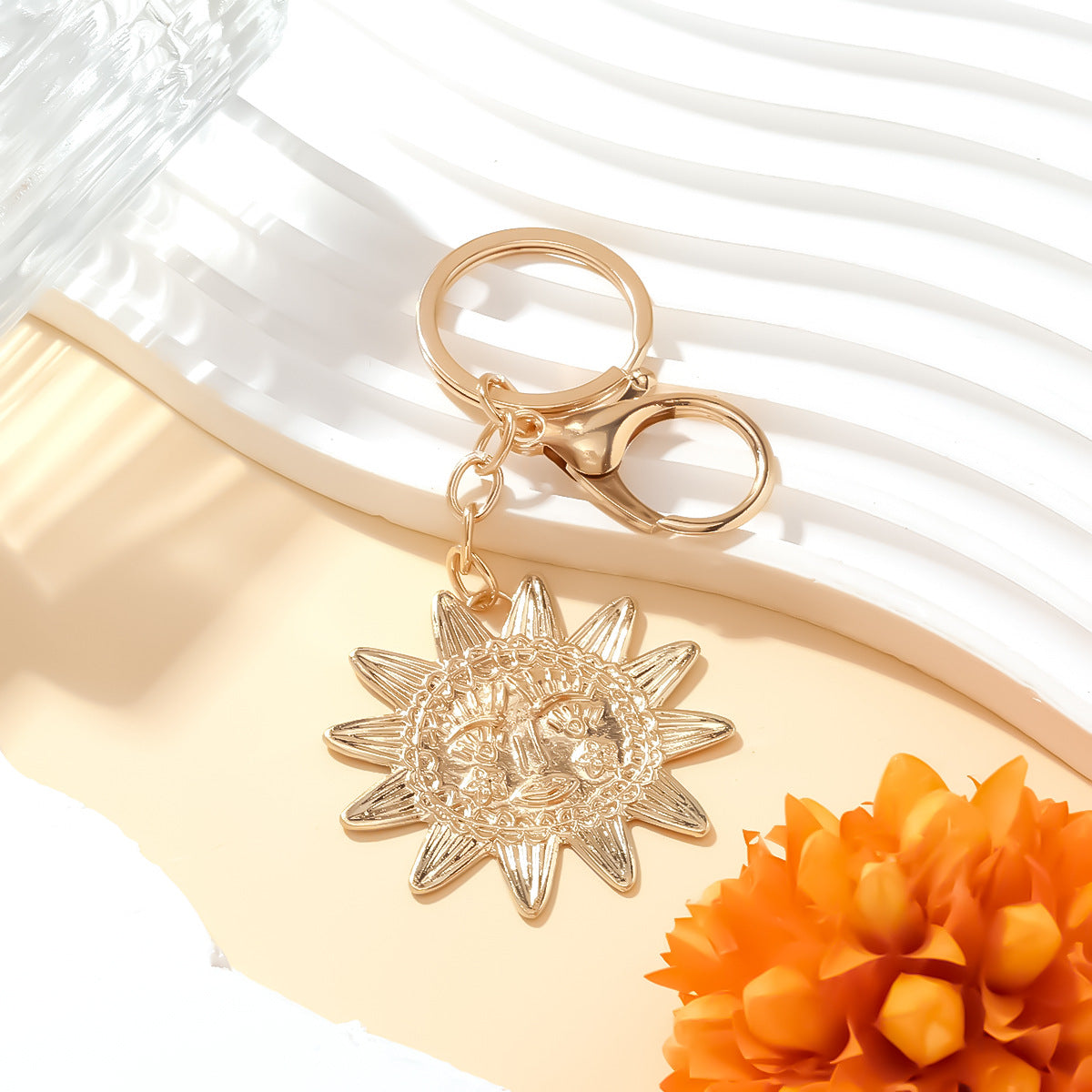 Textured Sun Face Pendant Keychain - Gold