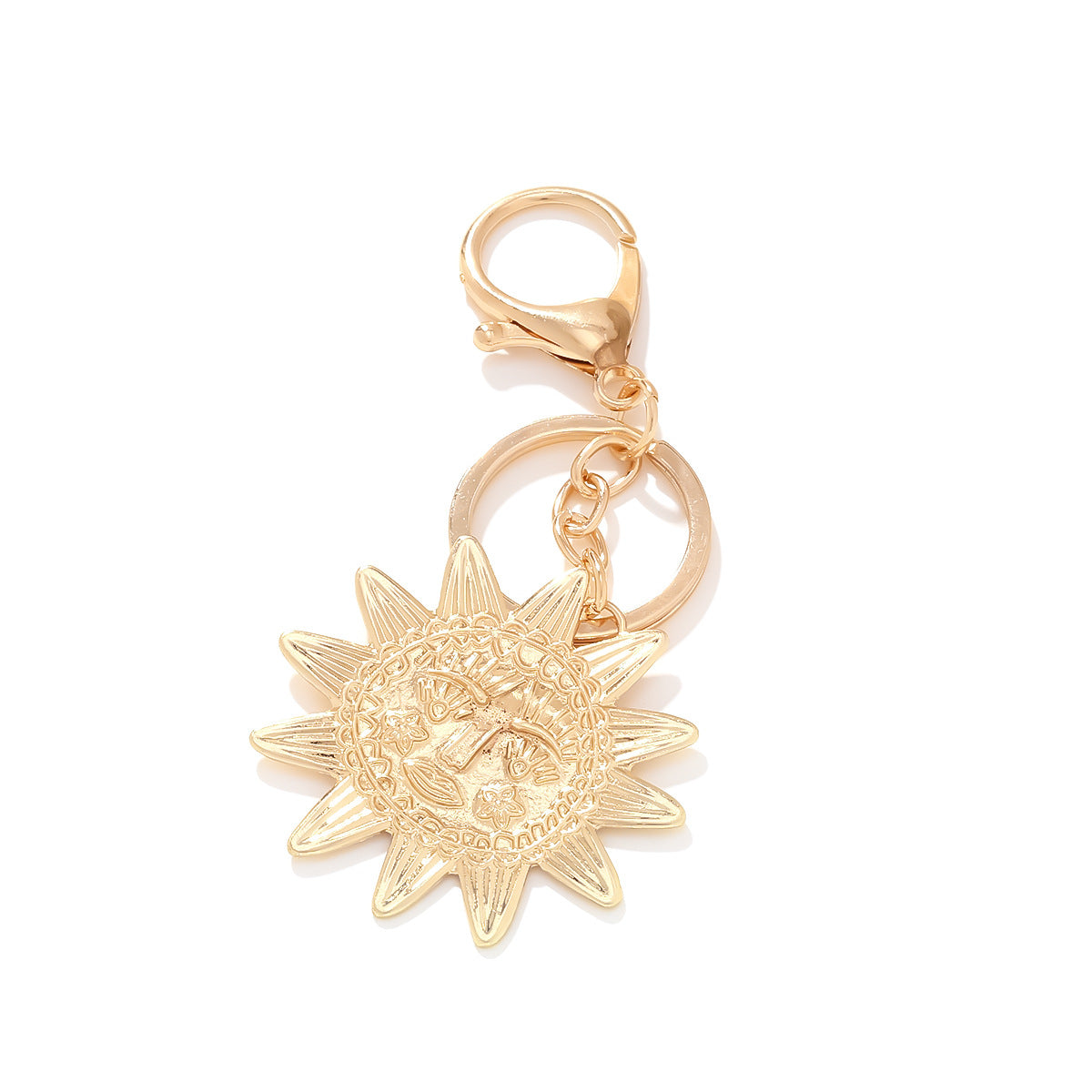 Textured Sun Face Pendant Keychain - Gold - 2