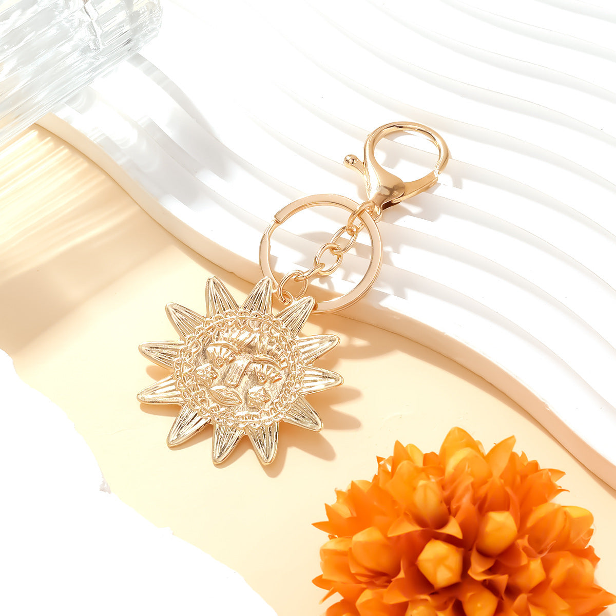 Textured Sun Face Pendant Keychain